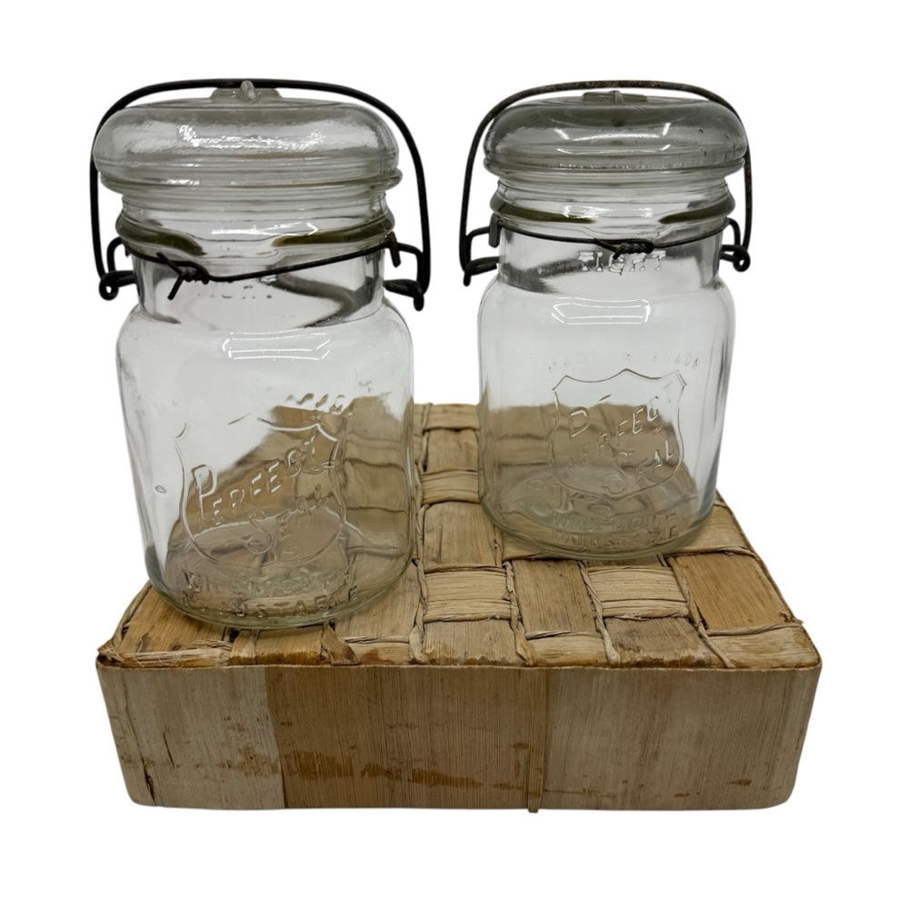 Vintage Clear Perfect Seal Wide Mouth Mason Jars with Wire Clamps